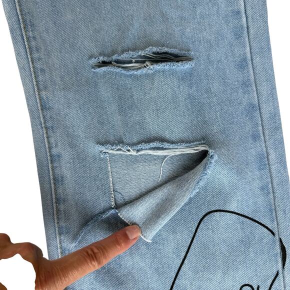 Distressed Faded Denim Mom Jeans Women 26" Waist Wide Leg High Rise Wearable Art - Picture 9 of 16